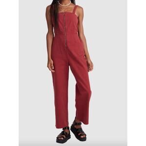 RVCA Women's Railway Jumper Jumpsuit Overall‎ Wide Leg Cotton Denim Red XL